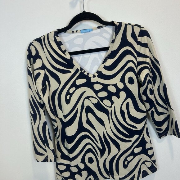 J. McLaughlin Women’s Catalina Cloth 3/4 Sleeve Stretch Cream Navy Size Small - Picture 2 of 8